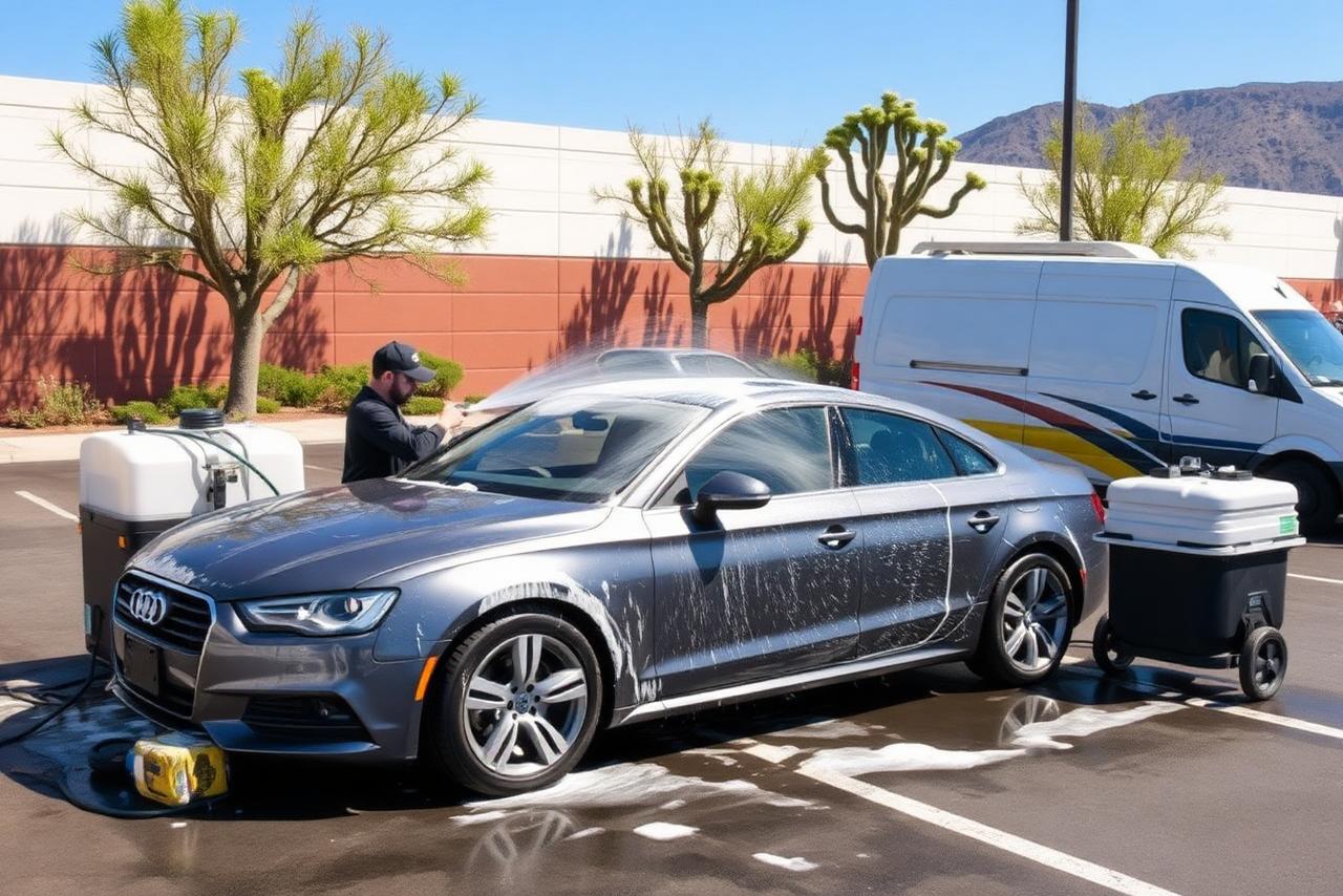 Mobile car wash rinsing a gray sedan in an office parking lot with a portable water tank