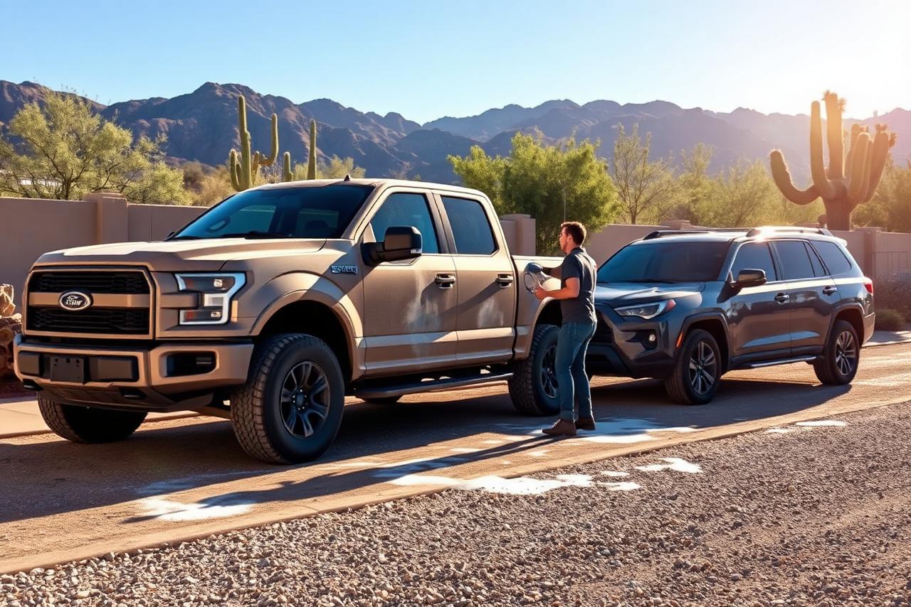 Pickup truck and family SUV being washed side by side in a desert driveway near Tucson