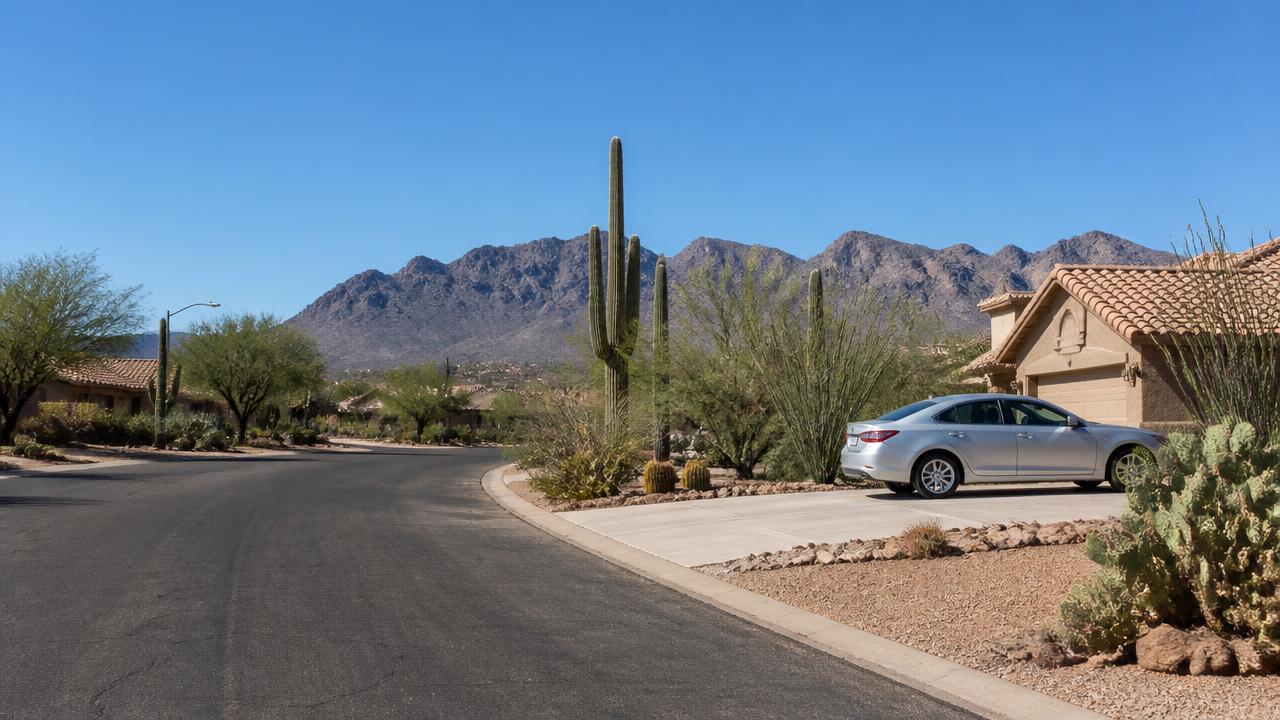 Sonoran Desert residential street in the Tucson metro with saguaros, tile-roof homes and mountains